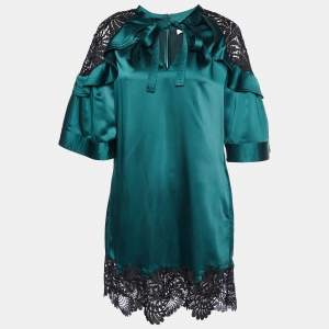 Self-Portrait Dark Green Satin & Lace Shift Dress M