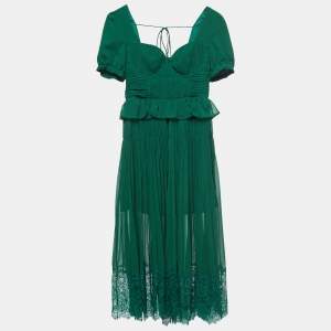 Self-Portrait Green Pleated Chiffon Midi Dress M