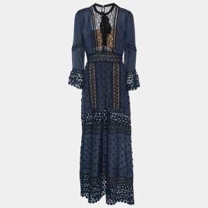 Self-Portrait Navy Blue Cotton & Lace Maxi Dress M