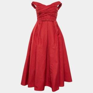 Self-Portrait Red Textured Off-Shoulder Midi Dress S