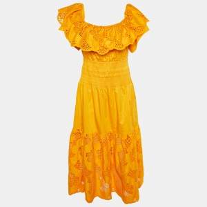 Self-Portrait Orange Floral Broderie Cotton Off-shoulder Dress M