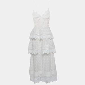 Self-Portrait White Ivy Lace Trim Cotton Shoulder Strap Tiered Maxi Dress M