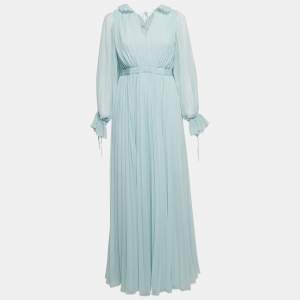 Self-Portrait Light Blue Pleated Chiffon Ruffled Maxi Dress M