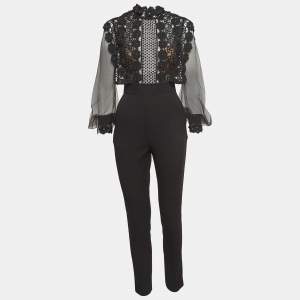 Self-Portrait Black Guipure Lace and Mesh Semi Sheer Jumpsuit M