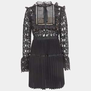 Self-Portrait Black Guipure Lace & Organza Trim Pleated Adeline Dress M