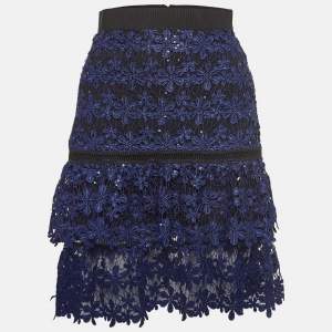 Self-Portrait Blue Floral Guipure Lace Sequin Embellished Tiered Skirt S