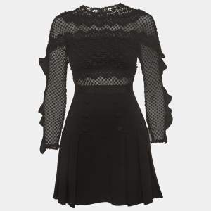 Self-Portrait Black Bellis Lace and Crepe Ruffled Mini Dress S