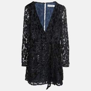 Self-Portrait Black Leopard Velvet Trim Crepe Wrap Style Mini Dress S