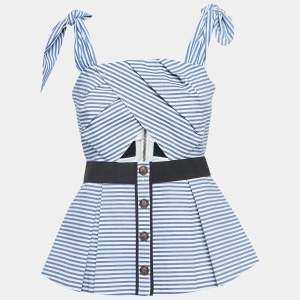 Self-Portrait Blue & White Cotton Stripe Shirting Tie Detail Top M