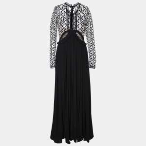 Self-Portrait Black Guipure Lace & Crepe Pleated Long Dress S
