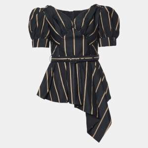 Self-Portrait Black Striped Faille Belted Off-The Shoulder Top M