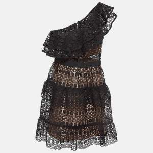 Self-Portrait Black Lace Overlay One-Shoulder Mini Dress S