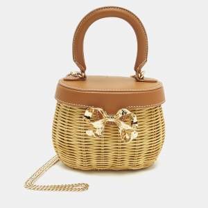 Pre Owned Self-Portrait Bow Brown/Cream Leather and Rattan Basket Bag