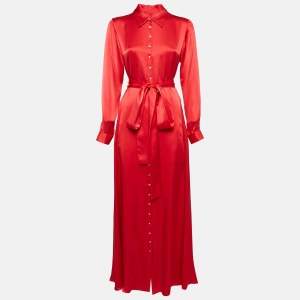 Semsem Red Satin Silk Button Front Belted Maxi Dress S