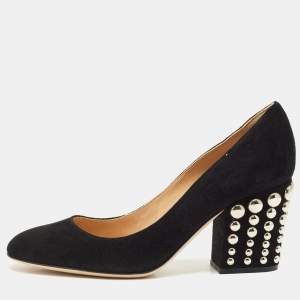 Sergio Rossi Black Suede Studded Block Heel Pumps Size 36