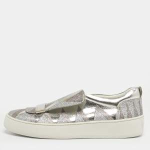 Pre Owned Sergio Rossi Silver Glitter and Leather Blair Sneakers Size 41