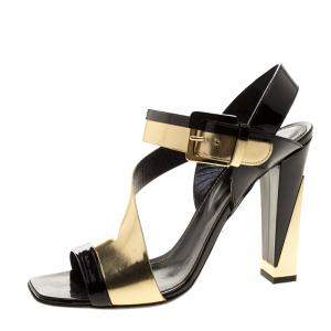 Pre Owned Sergio Rossi Black Patent And Metallic Gold Leather Zed Peep Toe Sandals Size 40