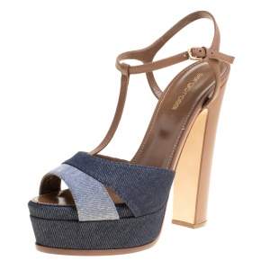Pre Owned Sergio Rossi Brown/Blue Denim and Leather Platform Sandals Size 39.5