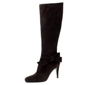 Pre Owned Sergio Rossi Dark Brown Suede Bow Knee High Boots Size 37.5