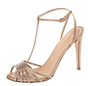 Pre Owned Sergio Rossi Beige Crystal Embellished Satin Shadows Ankle Strap Sandals Size 41