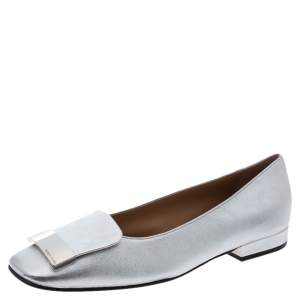 Pre Owned Sergio Rossi Silver Leather sr1 Metal Plate Detail Square Toe Ballet Flats Size 40