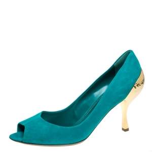 Pre Owned Sergio Rossi Green Suede Golden Heels Peep Toe  Pumps Size 40