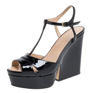 Pre Owned Sergio Rossi Black Patent Leather T-Strap Platform Sandals Size 37.5