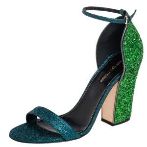 Pre Owned Sergio Rossi Blue/Green Coarse Glitter Ankle Strap Open Toe Sandals Size 38.5