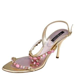 Pre Owned Sergio Rossi Metallic Gold Leather Embellished Strappy Sandals Size 38