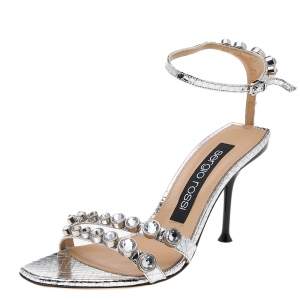 Sergio Rossi Silver Python Embossed Leather Embellished Ankle Strap Sandals Size 38