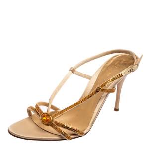 Pre Owned Sergio Rossi Gold Crystals Embellished Satin Slingback Sandals Size 41