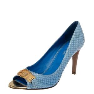 Pre Owned Sergio Rossi Blue Python Leather Peep Toe Buckle Embellished Pumps Size 38