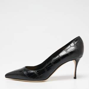 Pre Owned Sergio Rossi Black Croc Embossed Leather Pointed-Toe Pumps Size 39.5