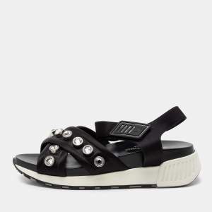 Pre Owned Sergio Rossi Black Satin Embellished Criss Cross Flat Sandals Size 38