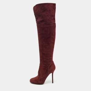 Pre Owned Sergio Rossi Burgundy Suede Zip Detail Knee Length Platform Boots Size 40.5 