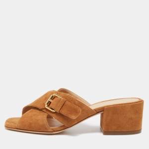 Pre Owned Sergio Rossi Tan Suede Cross Strap Buckle Detail Slide Sandals Size 36.5