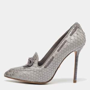Pre Owned Sergio Rossi Grey Python Bow Loafer Pumps Size 38.5