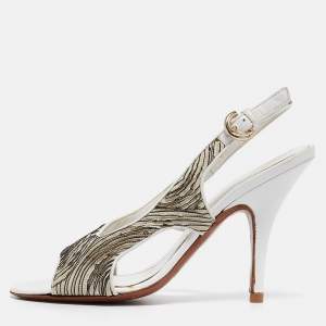 Sergio Rossi White/Black Pleated Fabric Slingback Sandals Size 39