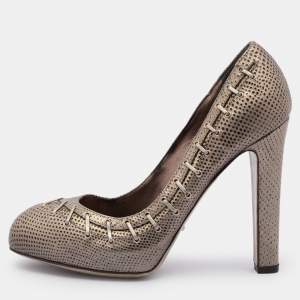 Sergio Rossi Silver/Brown Lizard Embossed Leather Embellished Pumps 37