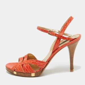 Sergio Rossi Orange Croc Embossed Leather Ankle Strap Sandals Size 40.5