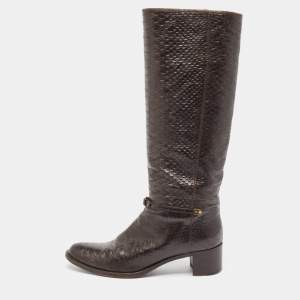 Sergio Rossi Brown Python Embossed Leather Knee Length Boots Size 38.5