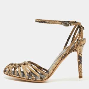 Sergio Rossi Beige Python Leather Ankle Strap Sandals Size 37.5