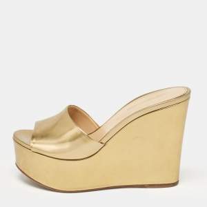 Pre Owned Sergio Rossi Gold Patent Leather Lakeesha Wedge Sandals Size 37