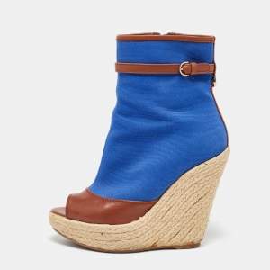 Sergio Rossi Blue/Brown Canvas and Leather Espadrille Wedge Boots Size 36