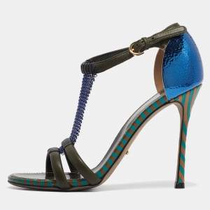 Sergio Rossi Green Leather and Mesh Ankle Strap Sandals Size 37.5