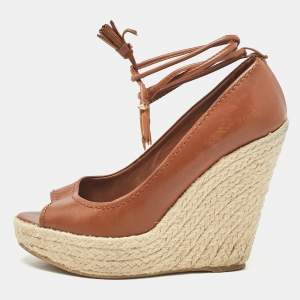 Pre Owned Sergio Rossi Brown Leather Wedge Pumps Size 38