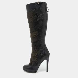 Sergio Rossi Black Lizard Embossed Leather Over The Knee Boots Size 35