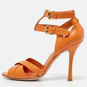 Sergio Rossi Orange Leather Ankle Strap Sandals Size 38