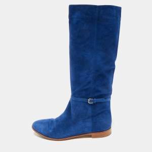 Pre Owned Sergio Rossi Blue Suede Knee Length Boots Size 37.5