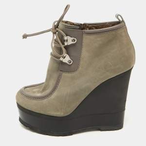 Sergio Rossi Grey Nubuck Leather Woolen Wedge Ankle Boots Size 38